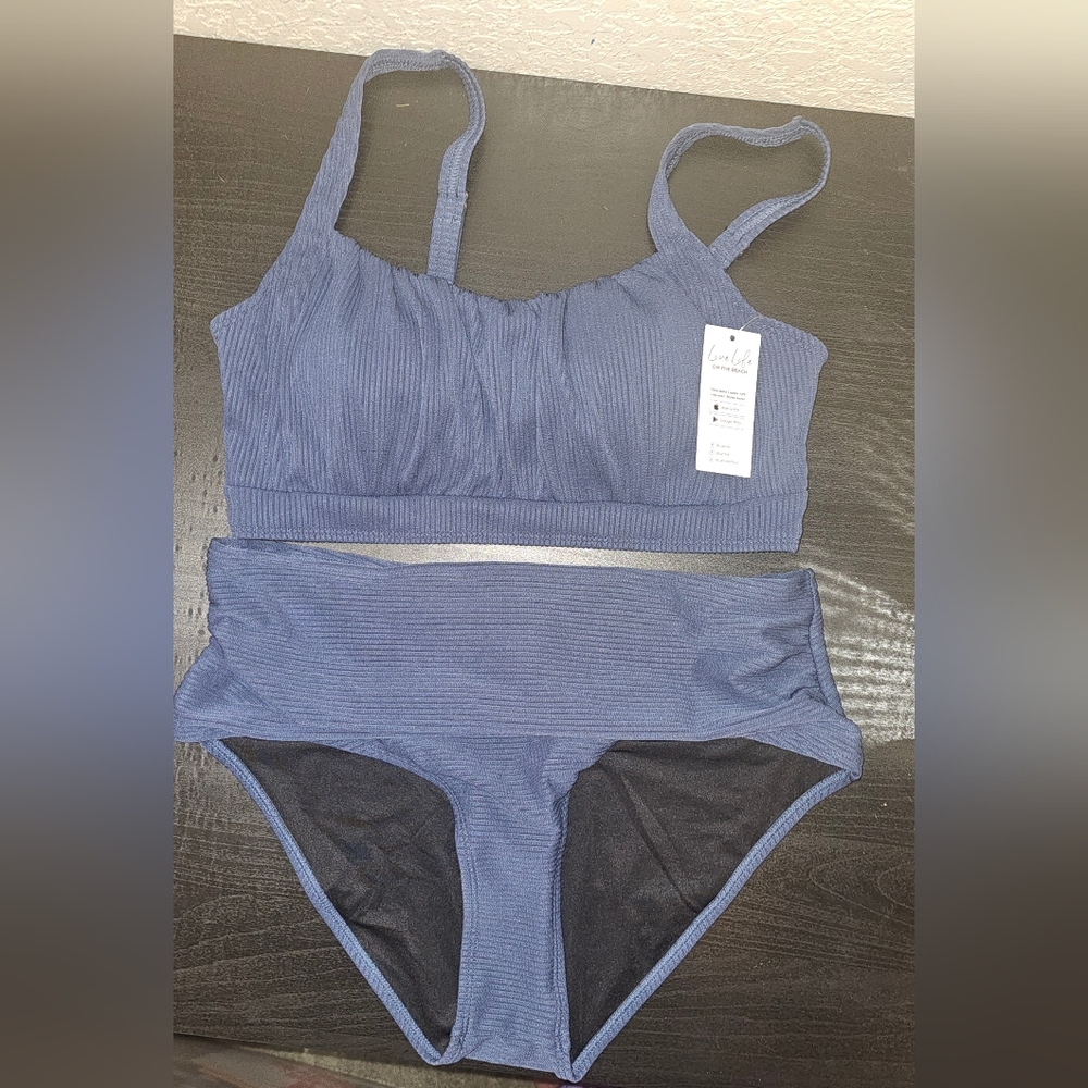 NWT Cupshe Navy Blue Ribbed High Rise Bikini Size Large